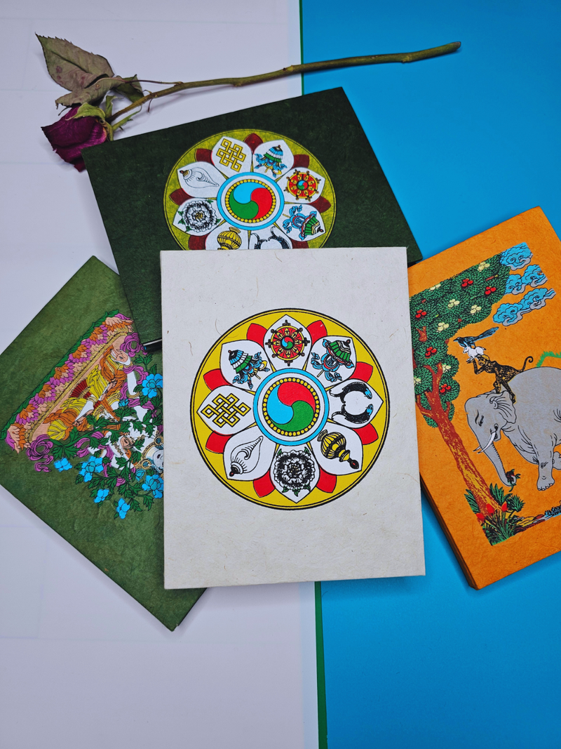 Handmade White Eight Auspicious Symbols Lokta Paper Journal