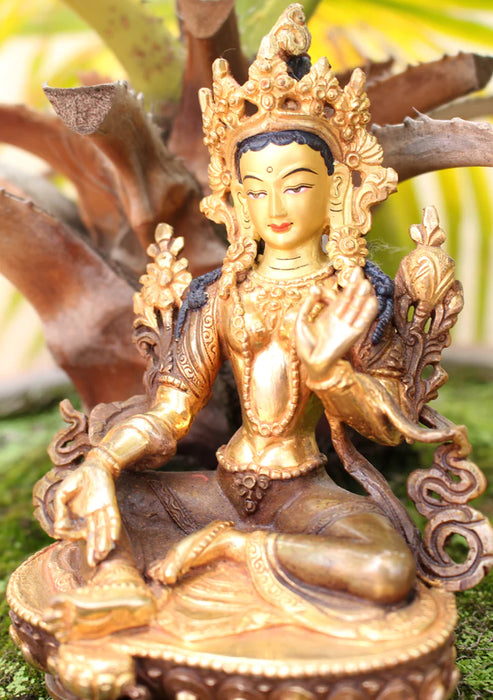 6 Inch Gold Plated Green Tara Statue - Handcrafted Nepalese Masterpiece