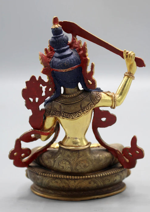 6-Inch Partly Gold Plated Copper Manjushree Statue - Exclusive Bodhisattva Sculpture