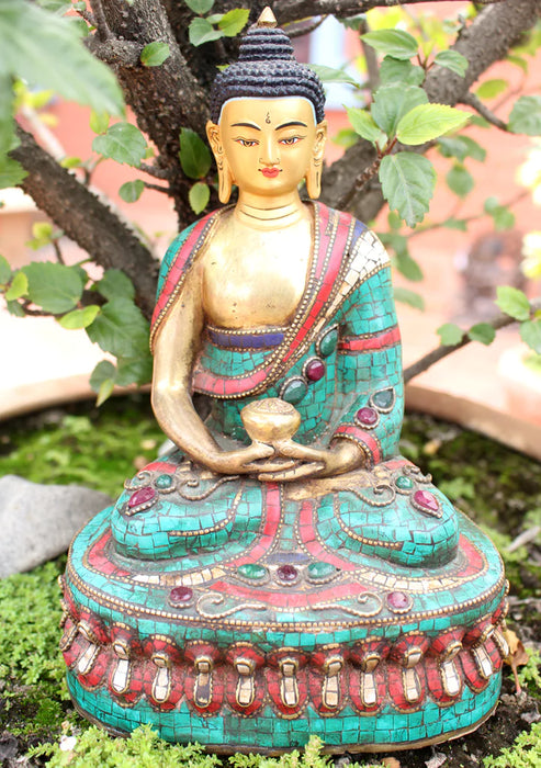 8.5 Inch High Amitabh Buddha Statue with Inlaid Turquoise and Coral