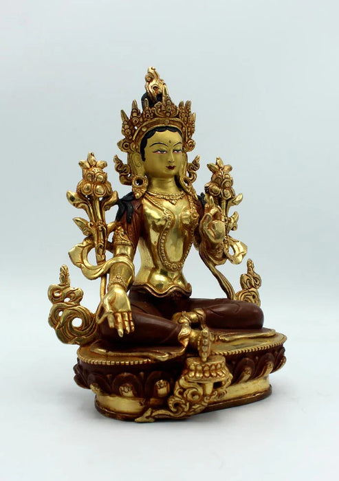 9-Inch Gold Plated Copper Green Tara Statue - Divine Craftsmanship