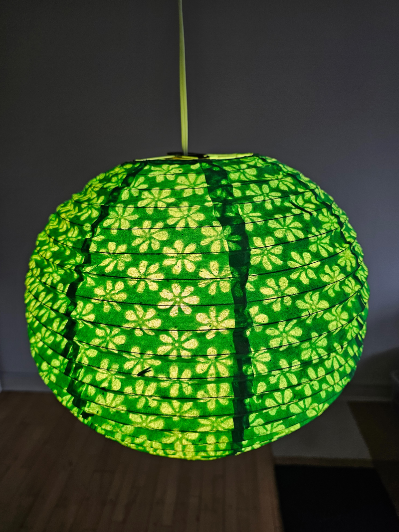 Green Round Lokta Paper Lampshade – Handmade Nepalese Hanging Light Shade - Circular Lampshades