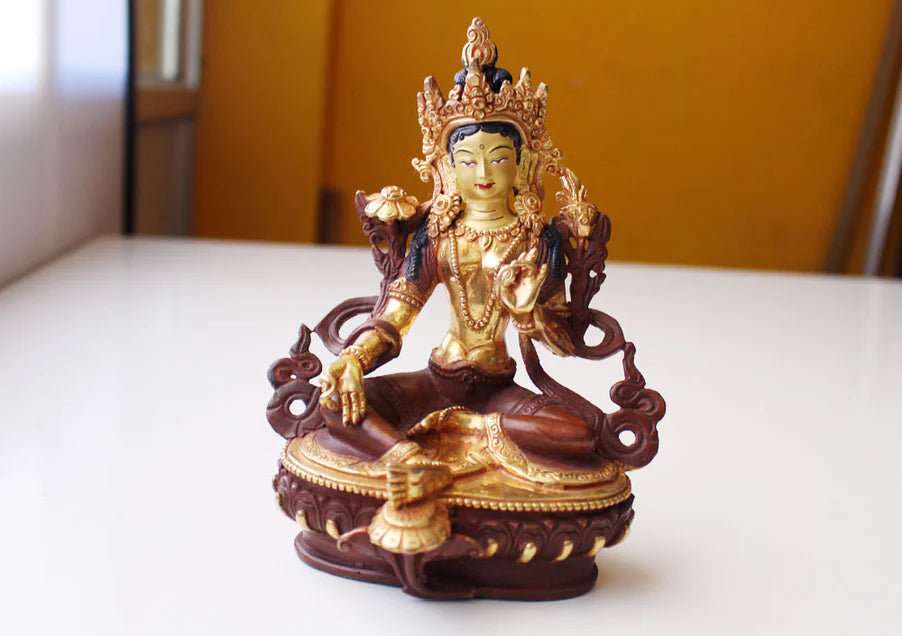 6 Inch Partly Gold-Plated Green Tara Statue with Lotus Base