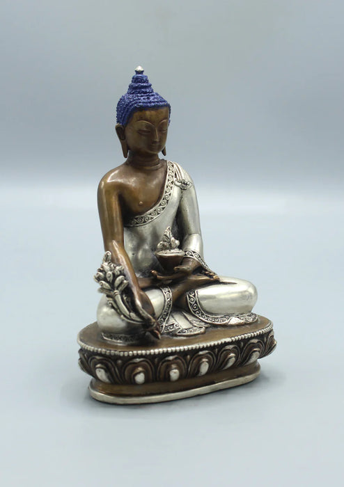 5.5-Inch Copper Medicine Buddha Statue with Silver Robe - Authentic Nepalese Craftsmanship