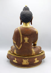 Auspicious Symbol Carved Shakyamuni Buddha Statue - Gold Plated Copper - 3