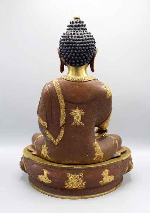 Auspicious Symbol Carved Shakyamuni Buddha Statue - Gold Plated Copper