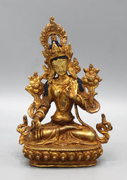 6 Inch Gold Plated White Tara Statue - Handcrafted Nepali Art - 6