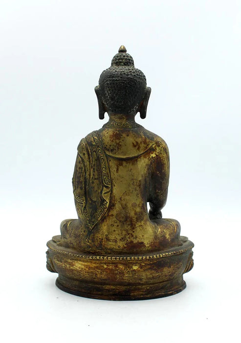 8 Inch Antique Copper Shakyamuni Buddha Statue - Gold Plated Nepalese Sculpture