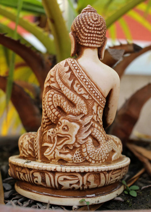 Dragon Carved Shakyamuni Buddha Resin Statue - Calming Altar Decor