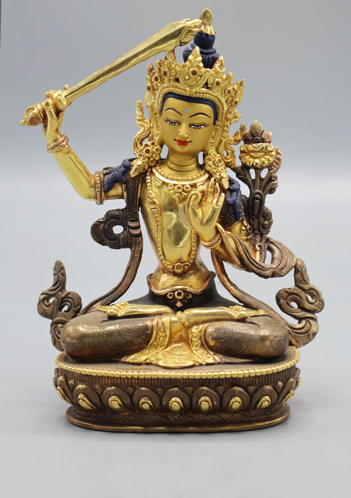 6-Inch Partly Gold Plated Copper Manjushree Statue - Exclusive Bodhisattva Sculpture