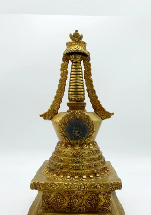 11.5 Inch Gold Plated Copper Stupa Chorten - Tibetan Carvings and Buddha Figurine