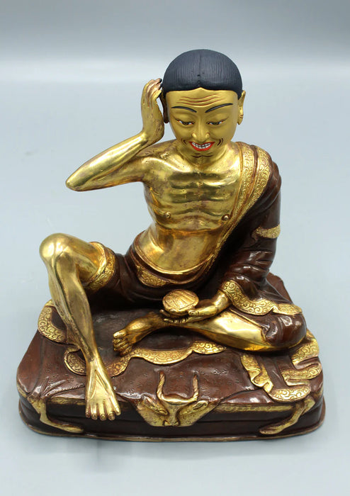 10-Inch Copper Gold Plated Milarepa Statue - Handcrafted Tibetan Yogi Sculpture