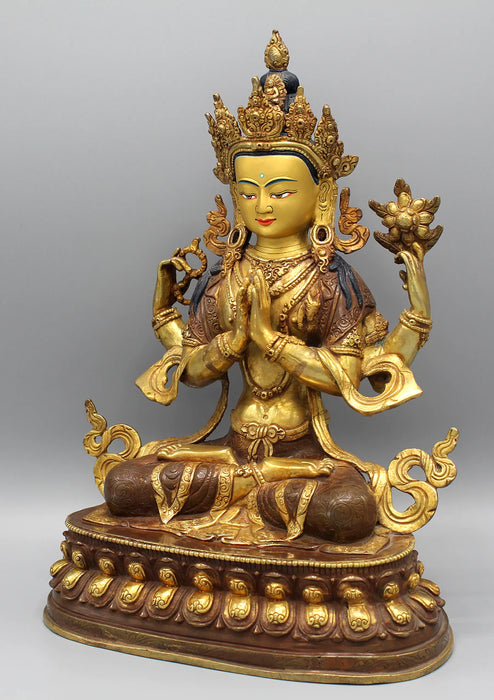 Gold Plated Chenrezig Statue 13 Inch - Exquisite Floral Motif Tibetan Deity Sculpture