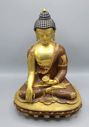 Auspicious Symbol Carved Shakyamuni Buddha Statue - Gold Plated Copper - 1