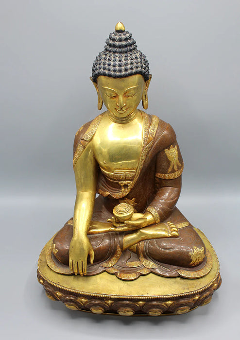 Auspicious Symbol Carved Shakyamuni Buddha Statue - Gold Plated Copper