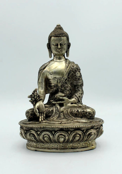 8-Inch White Metal Medicine Buddha Statue with Floral Carvings - Healing Bhaisajya Tathagatta