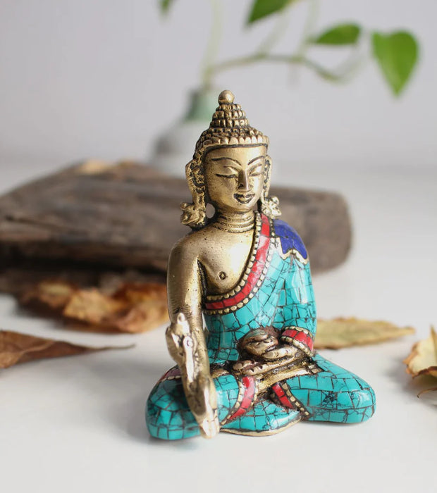 3-Inch Brass Medicine Buddha Statue with Jeweled Robe