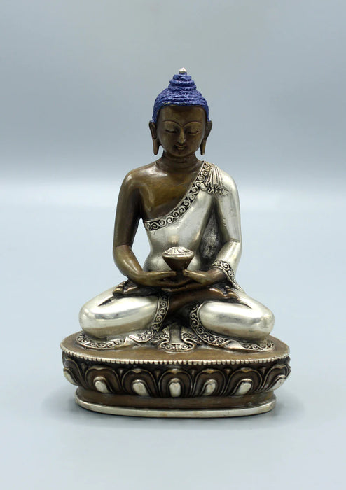 5.5-Inch Copper Amitabha Buddha Statue with Silver Robe - Nepalese Craftsmanship