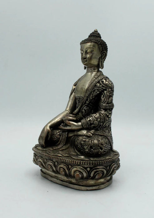 7.5-Inch White Metal Floral Carved Shakyamuni Buddha Statue - Birthplace Tribute