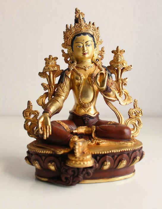 8.6-Inch Majestic Green Tara Statue, Partly Gold Plated