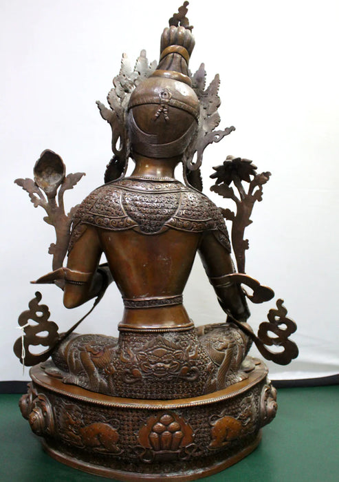 26-Inch Copper Green Tara Statue - Exquisite Handcarved Lotus-Seated Beauty