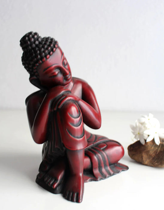 Coral Resin Resting Buddha Statue - 7.5 Inch Handmade Sculpture