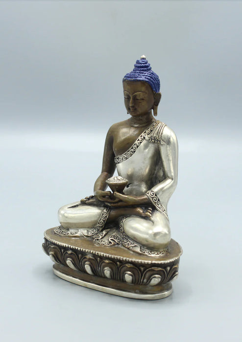 5.5-Inch Copper Amitabha Buddha Statue with Silver Robe - Nepalese Craftsmanship