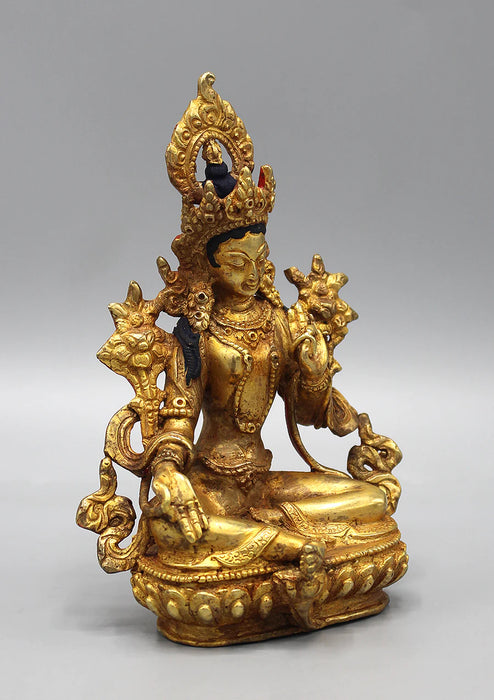 6 Inch Gold Plated Green Tara Statue - Handcrafted in Nepal