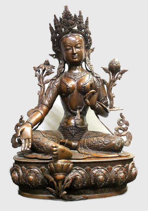 26-Inch Copper Green Tara Statue - Exquisite Handcarved Lotus-Seated Beauty