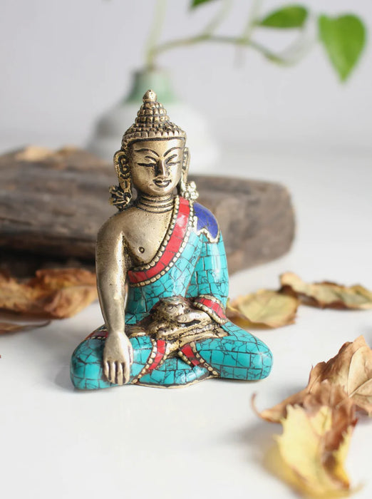 3 Inch Shakyamuni Buddha Statue with Majestic Faux Turquoise Robe