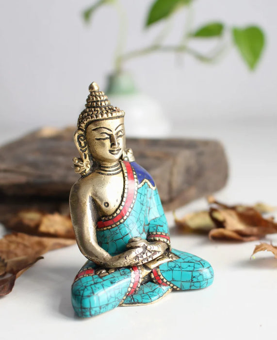 3-Inch Brass Amitabha Buddha Statue with Jewel-Adorned Robe