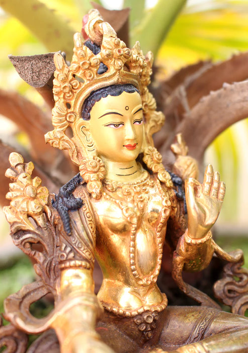 6 Inch Gold Plated Green Tara Statue - Handcrafted Nepalese Masterpiece