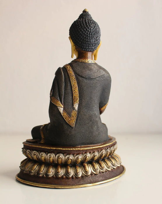 8.6 Inch Copper Shakyamuni Buddha Statue - Oxidized Finish with Gold & Silver Accents