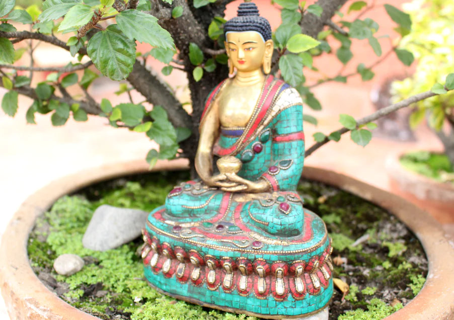 8.5 Inch High Amitabh Buddha Statue with Inlaid Turquoise and Coral