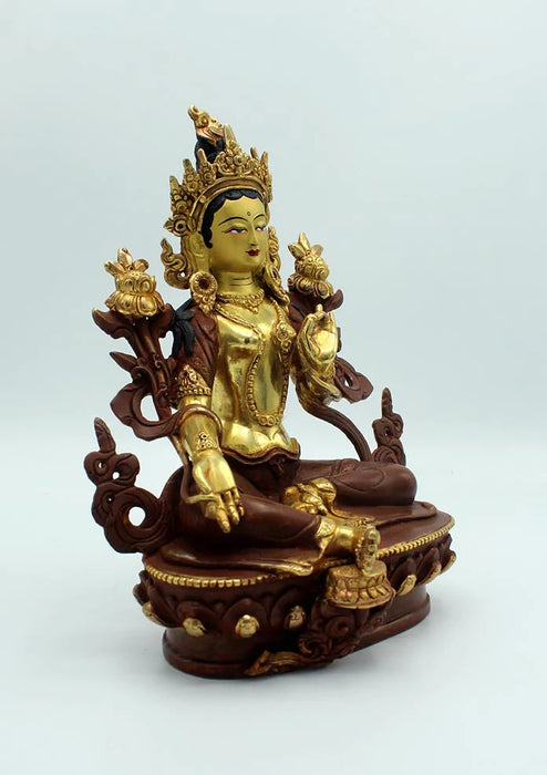 9-Inches Partly Gold Plated Green Tara Statue - Beautifully Crafted Buddhist Art