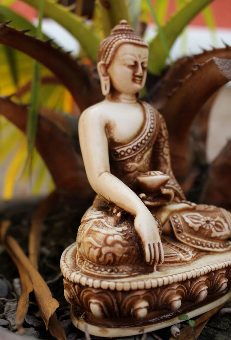 Dragon Carved Shakyamuni Buddha Resin Statue - Calming Altar Decor - 1