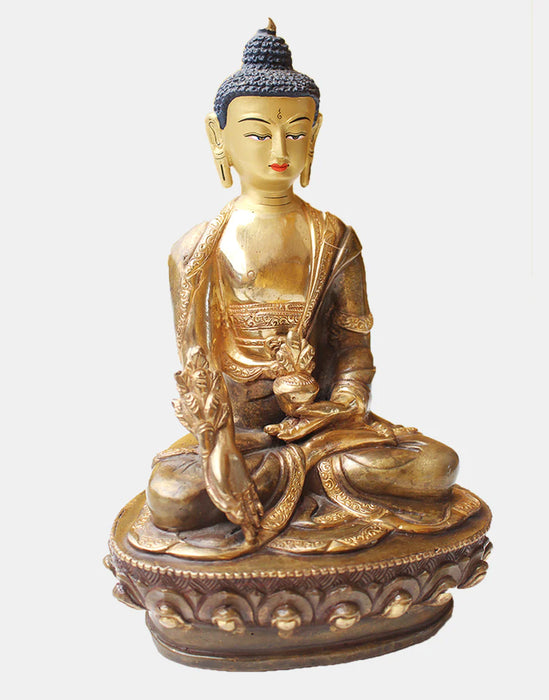 8 Inch Gold Plated Healing Buddha Statue on Lotus Base - Handcrafted in Patan, Nepal