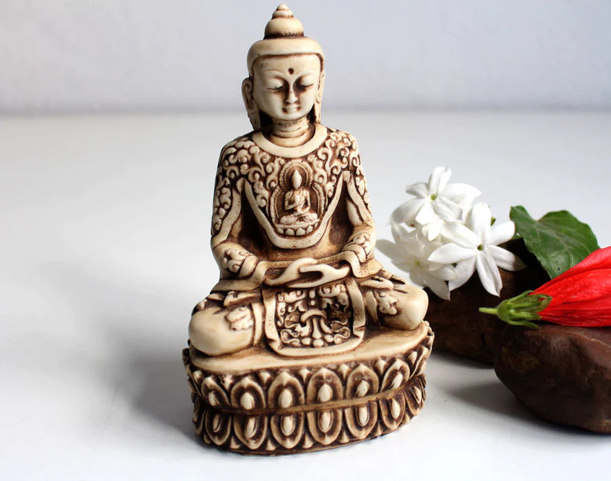 Meditating Buddha Resin Statue with Intricate Carvings - 5.5 Inch Meditation Pose Sculpture