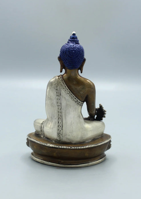 5.5-Inch Copper Medicine Buddha Statue with Silver Robe - Authentic Nepalese Craftsmanship