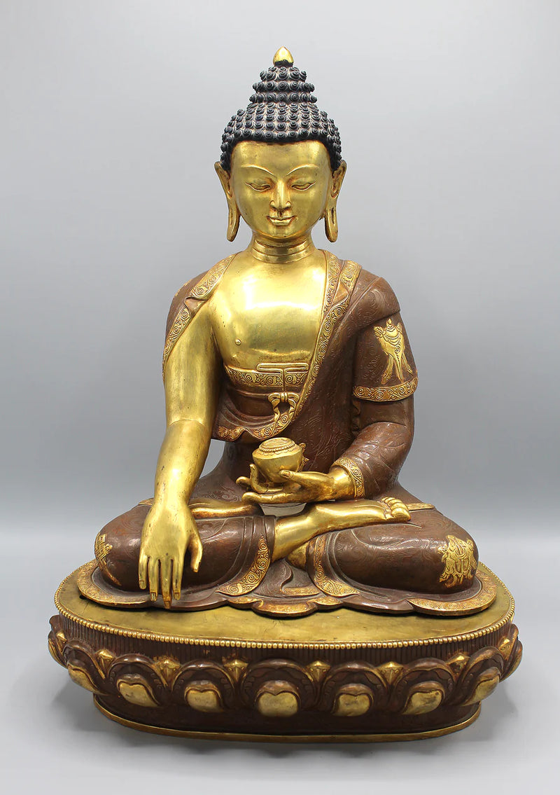 Auspicious Symbol Carved Shakyamuni Buddha Statue - Gold Plated Copper - 5