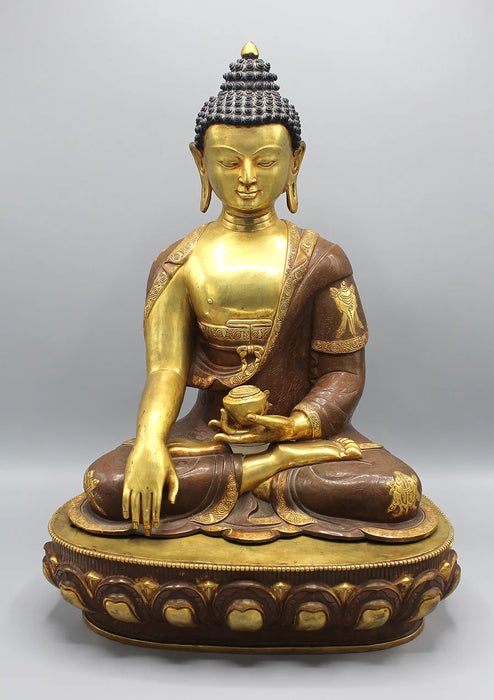 Auspicious Symbol Carved Shakyamuni Buddha Statue - Gold Plated Copper