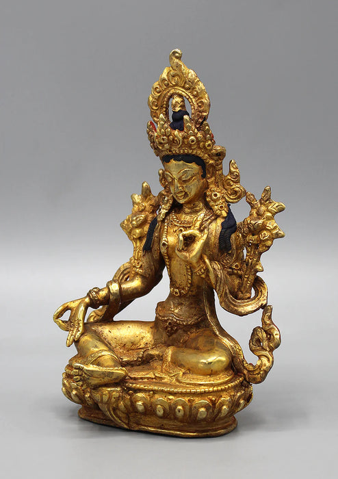 6 Inch Gold Plated Green Tara Statue - Handcrafted in Nepal