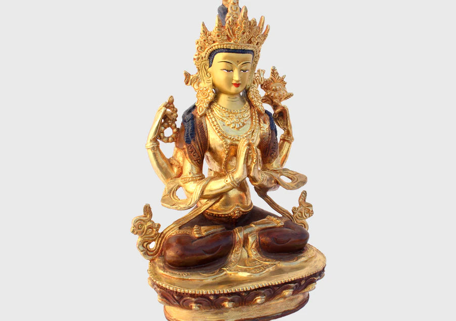 8 Inch Handmade Gold Plated Avalokisteswora Statue - Nepalese Craftsmanship