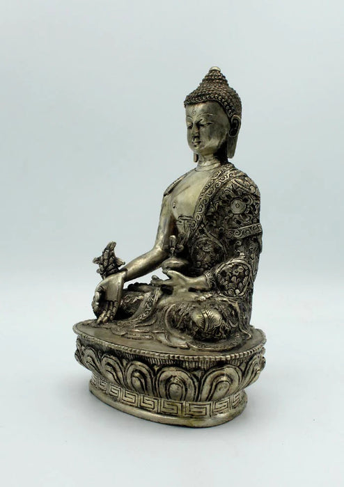 8-Inch White Metal Medicine Buddha Statue with Floral Carvings - Healing Bhaisajya Tathagatta