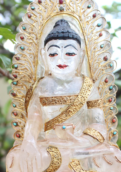 8 Inch Crystal Shakyamuni Buddha Statue with Gold-Plated Silver Robe