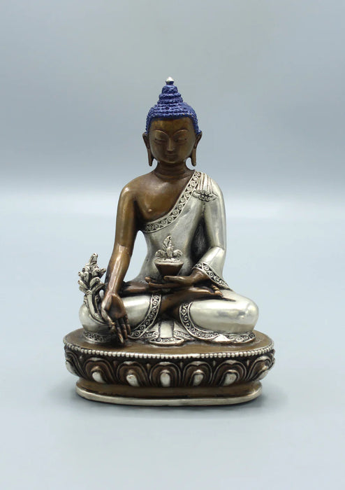 5.5-Inch Copper Medicine Buddha Statue with Silver Robe - Authentic Nepalese Craftsmanship