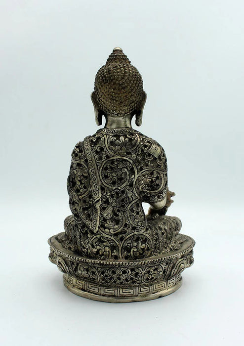 8-Inch White Metal Medicine Buddha Statue with Floral Carvings - Healing Bhaisajya Tathagatta