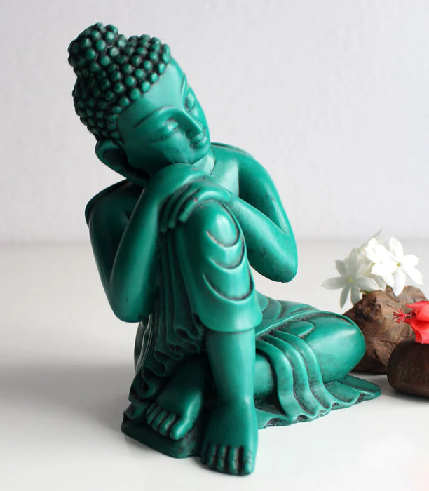 Turquoise Green Resin Resting Buddha Statue - 7.5 Inch Handmade Sculpture