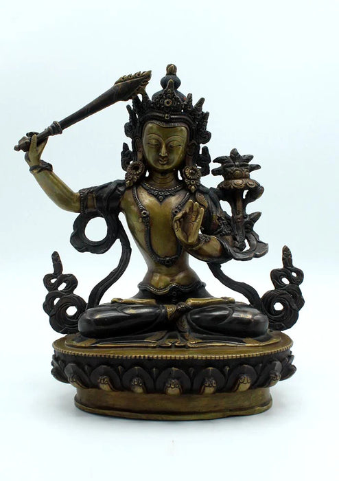 8.5 Inch Handcarved Copper Manjushree Statue - Traditional Craftsmanship