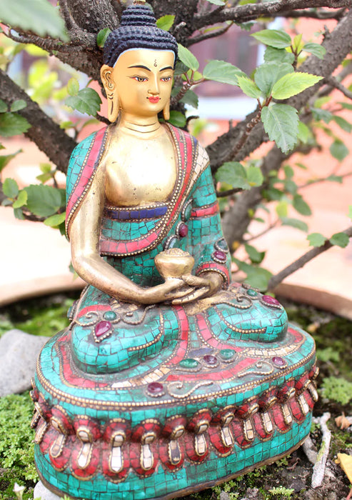 8.5 Inch High Amitabh Buddha Statue with Inlaid Turquoise and Coral